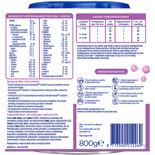 Hero Nutrasense SensiSoft opvolgmelk 2 (6-12mnd) - Babymelk - Flesvoeding - Melkpoeder - achterkant